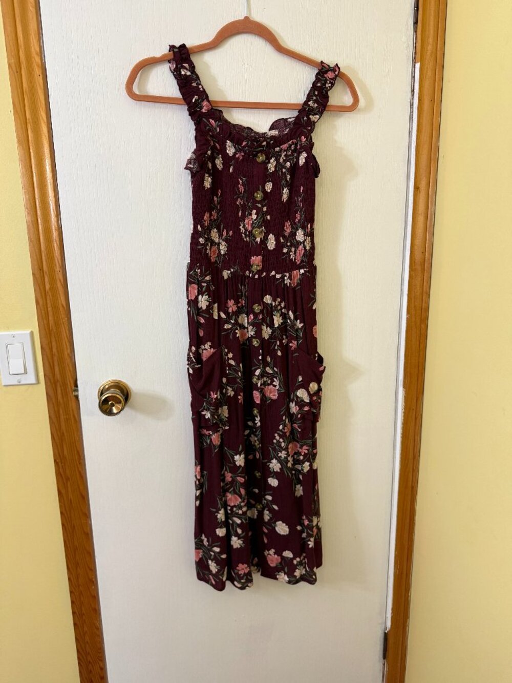 🪩 2/20 Warehouse One Burgundy Floral Button Front Midi Dress Size S/P - Picture 3 of 4